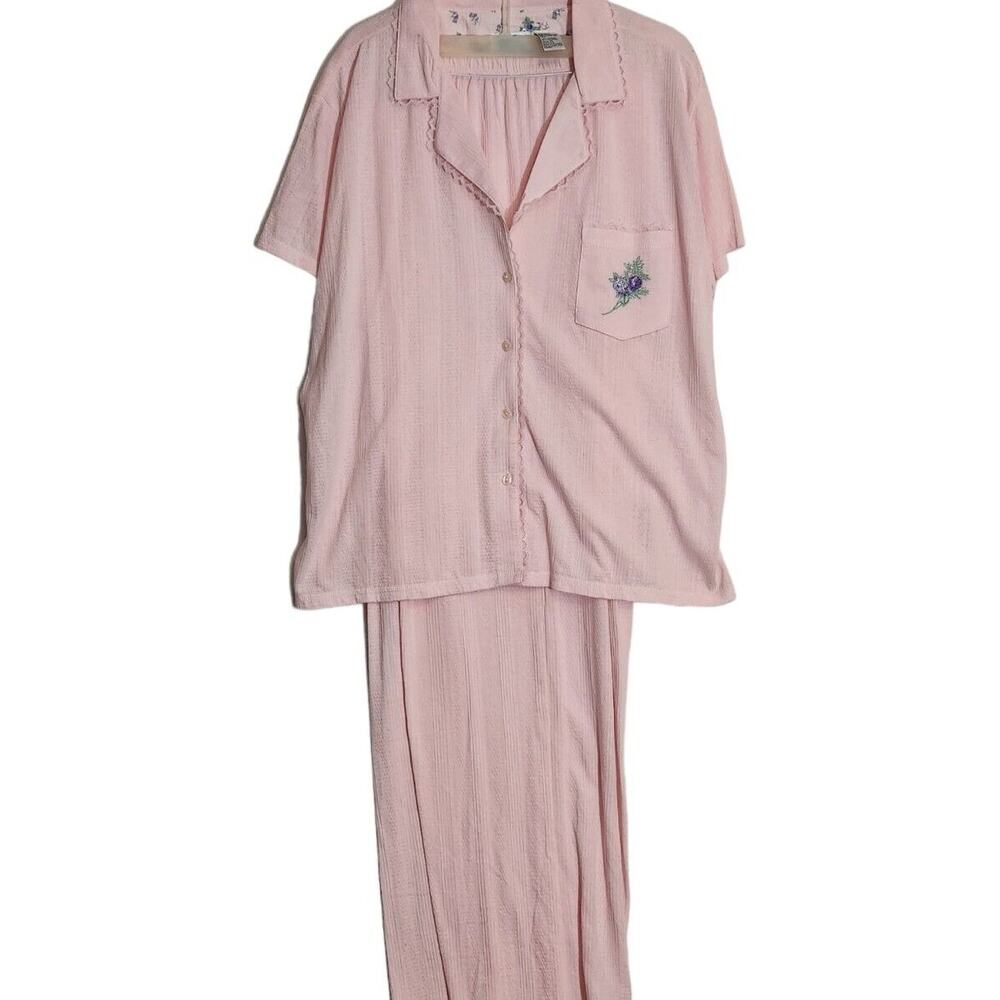 VTG 2 PIECE XL PAJAMA SET PINK FLORAL LACE Cottage Coquette Cotton Grandma